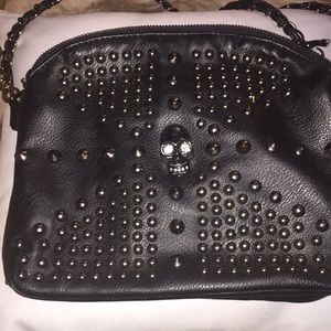 Black leather Skull rhinestone studded purse